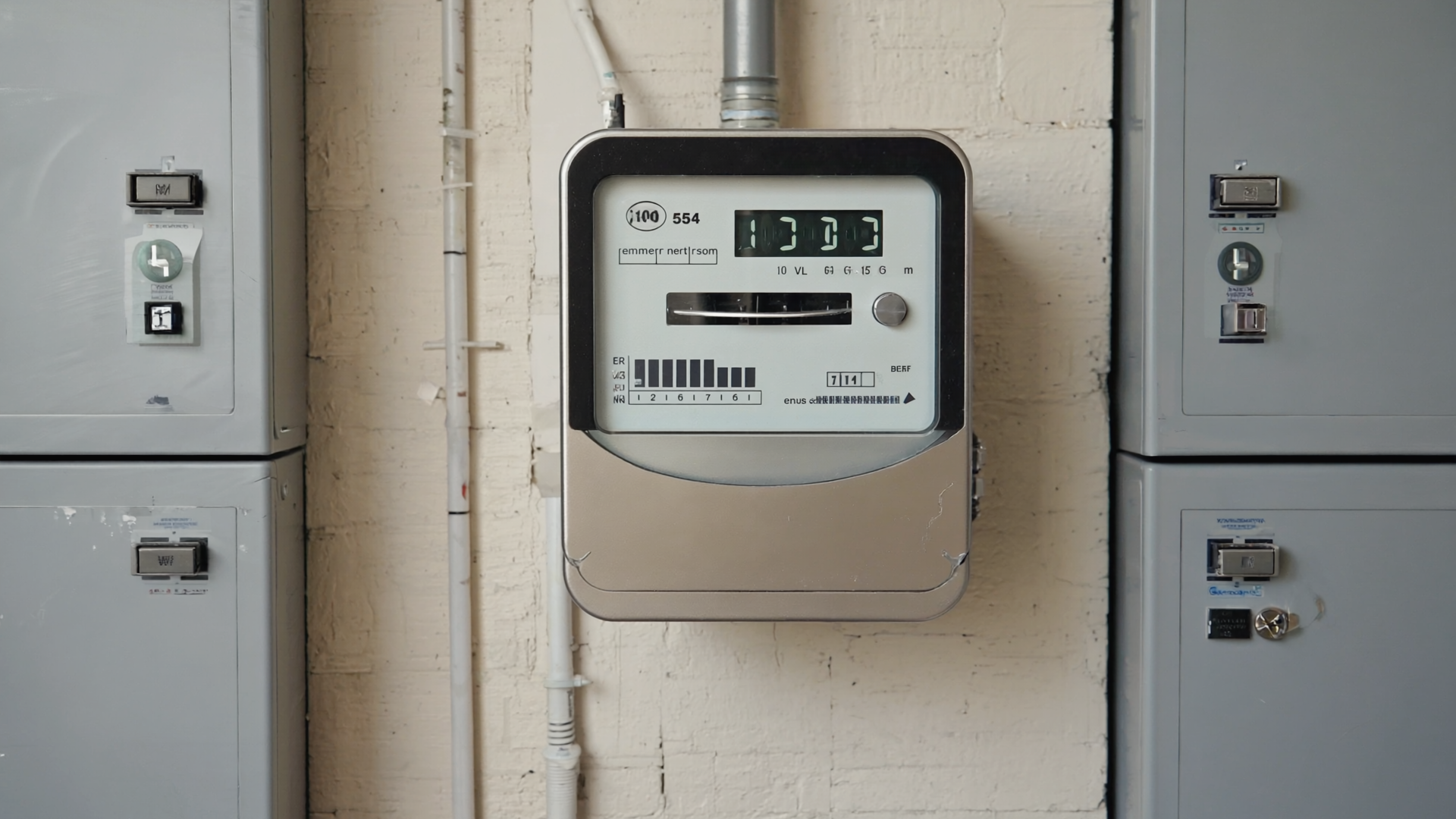 Smart-Meter-Display mit aktuellen Verbrauchswerten und Preis-Anzeige im Halbschatten eines Hauswirtschaftsraums