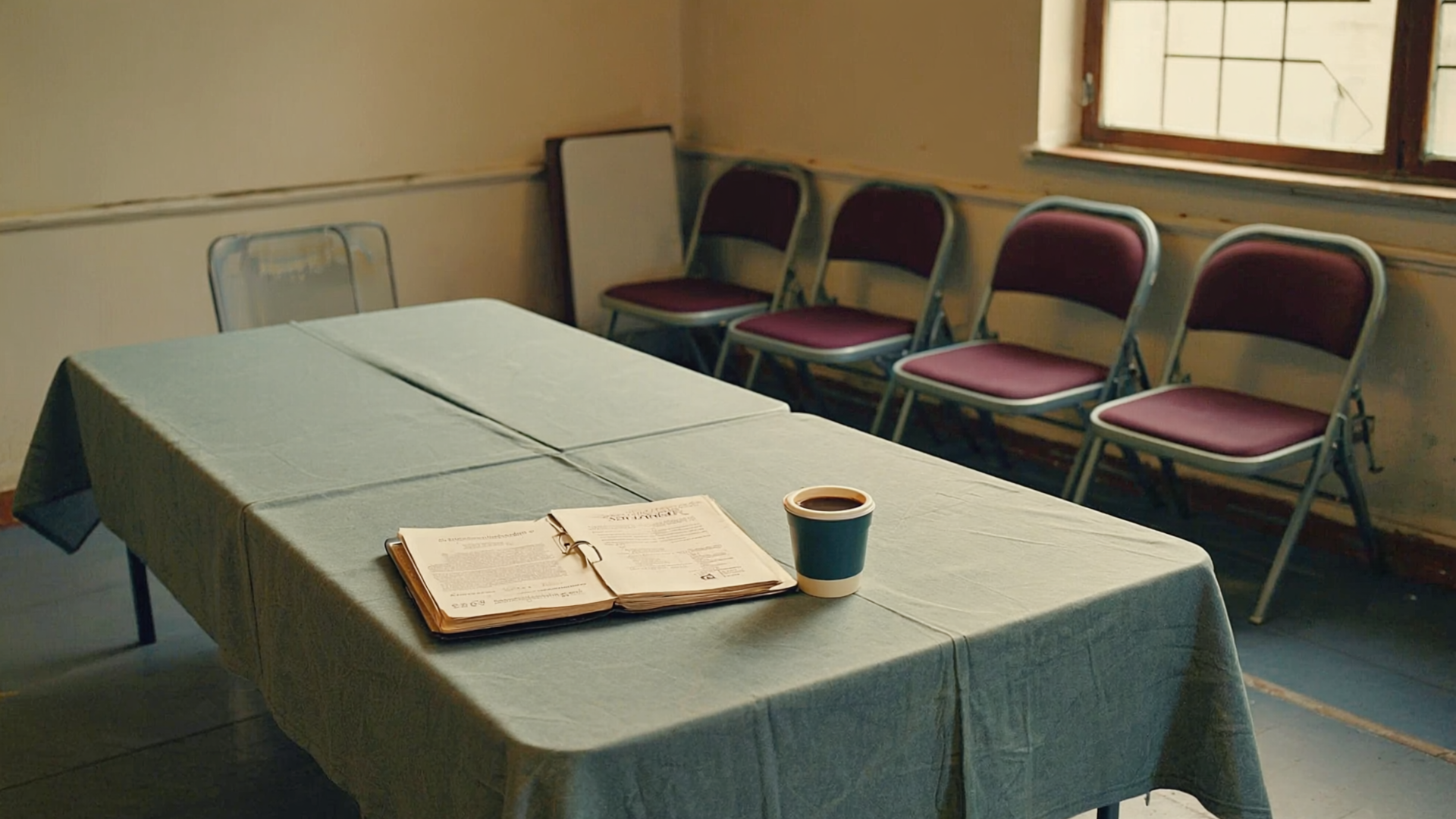Hinterzimmer eines Vereinsheims mit Tisch, gestapelten Stühlen und einem aufgeschlagenen Satzungs-Dokument im Vordergrund