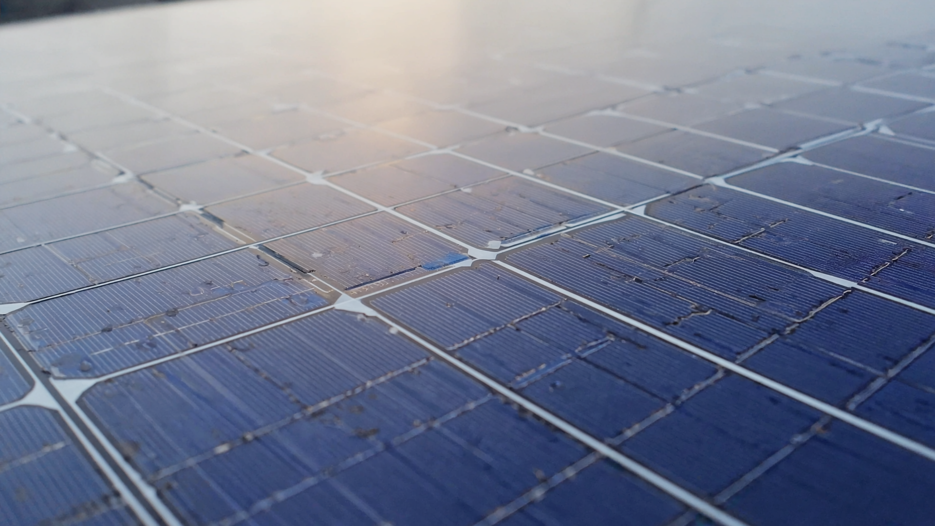 Nahaufnahme einer monokristallinen PV-Modul-Oberfläche mit feinen Beugungsmustern im Morgenlicht